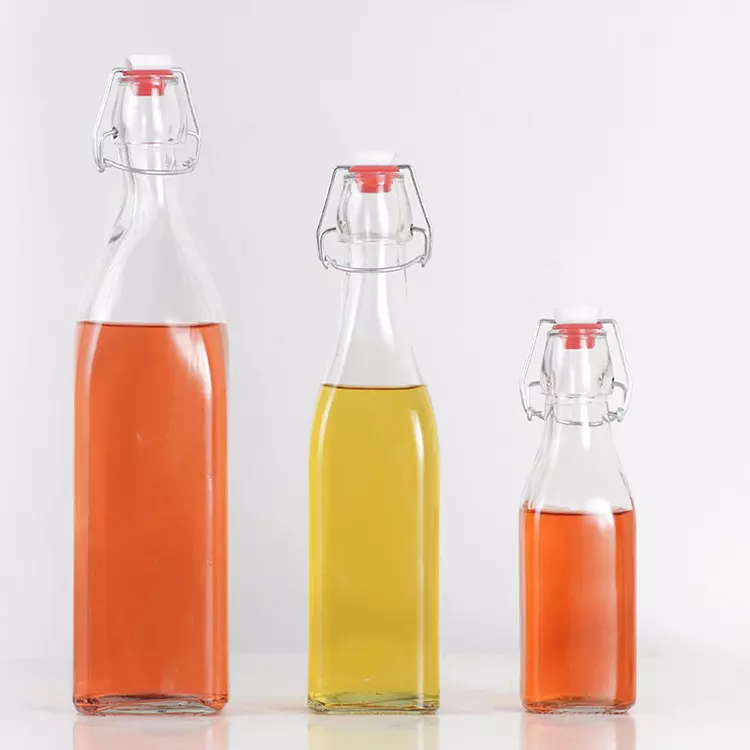 Flip top glass bottle square 250ml 500ml 1 Liter swing top bottle for beverage water vinegar