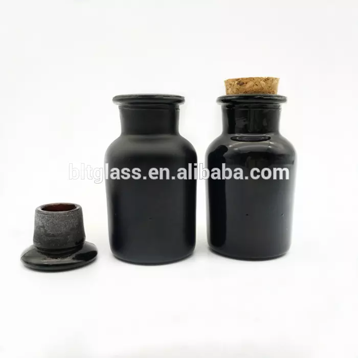 wide mouth lab reagent bottle 30ml-1L black glass apothecary bottle with cork stopper