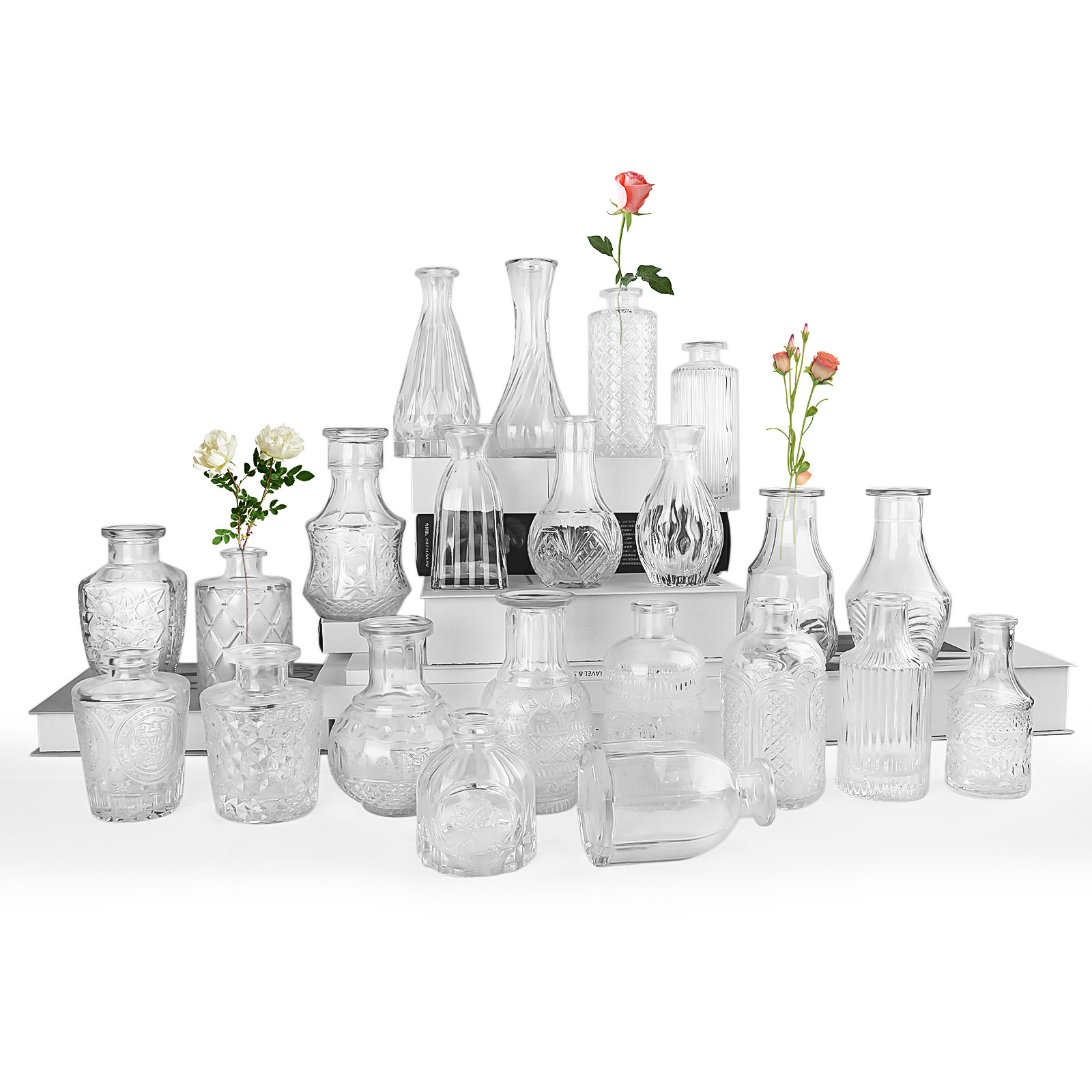 Ribbed transparent bud pot bulk decorative wedding custom wholesale round small mini cylinder clear flower glass vase