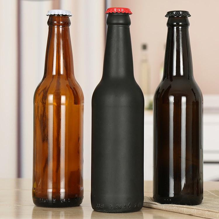 customize matte black 330Ml 33Cl glass bottle for sodas and beer with crown cap