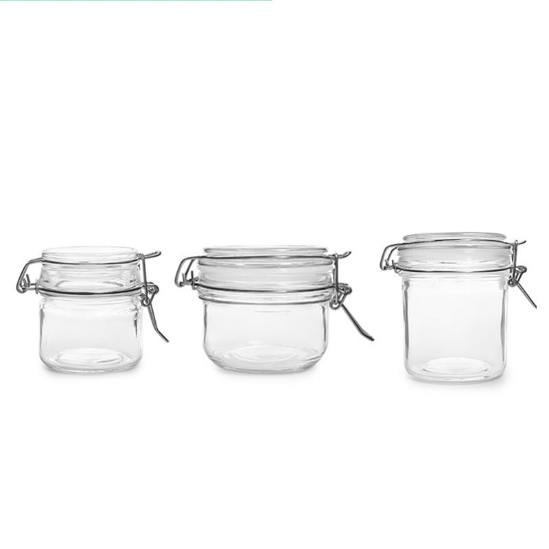 Cheaper glass 200ml round candy cookie jars with hinged clamp lock lid for sale