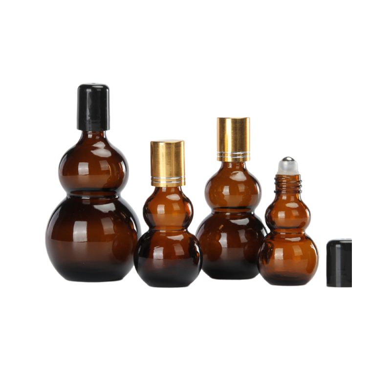 Fashion 30ml 50ml 80ml 100ml Amber Gourd Shape Essential Oil Body Perfume Glass Bottle with Roller Ball and Metal Lid