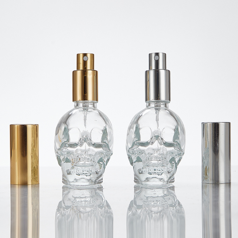 Refillable 50ml Mini Clear Skull Shaped Empty Glass Perfume Spray Bottle With Cap