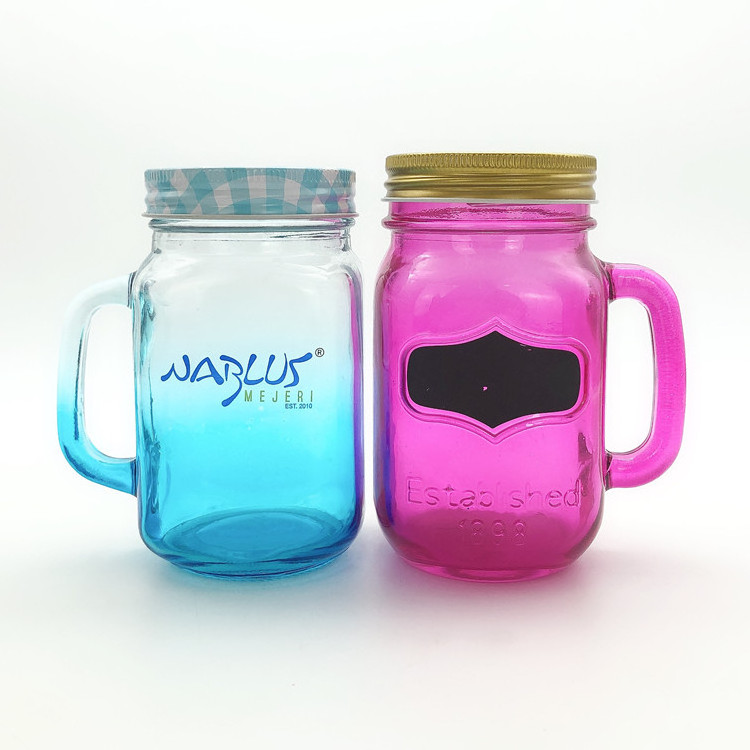 450ml 16oz colorful mug glass mason jar for beverage drinking with handle and lid in bar