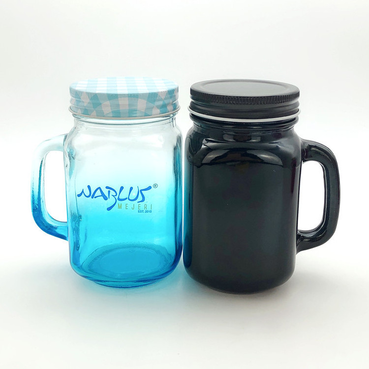 450ml 16oz colorful mug glass mason jar for beverage drinking with handle and lid in bar