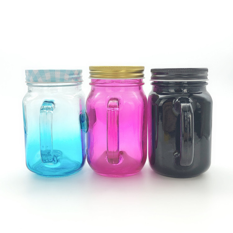 450ml 16oz colorful mug glass mason jar for beverage drinking with handle and lid in bar