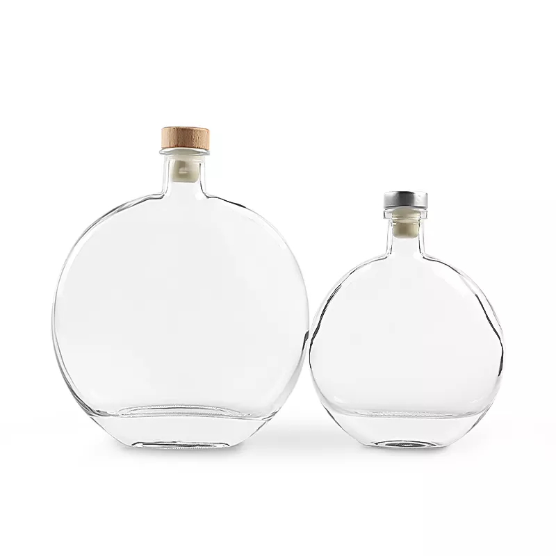 hot sale 8oz 16oz 250ml 500ml flat round fruit wine gin liquor whiskey glass bottle with polymer cap