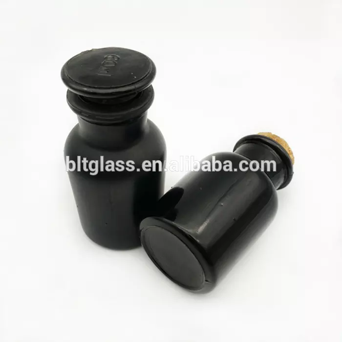 wide mouth lab reagent bottle 30ml-1L black glass apothecary bottle with cork stopper