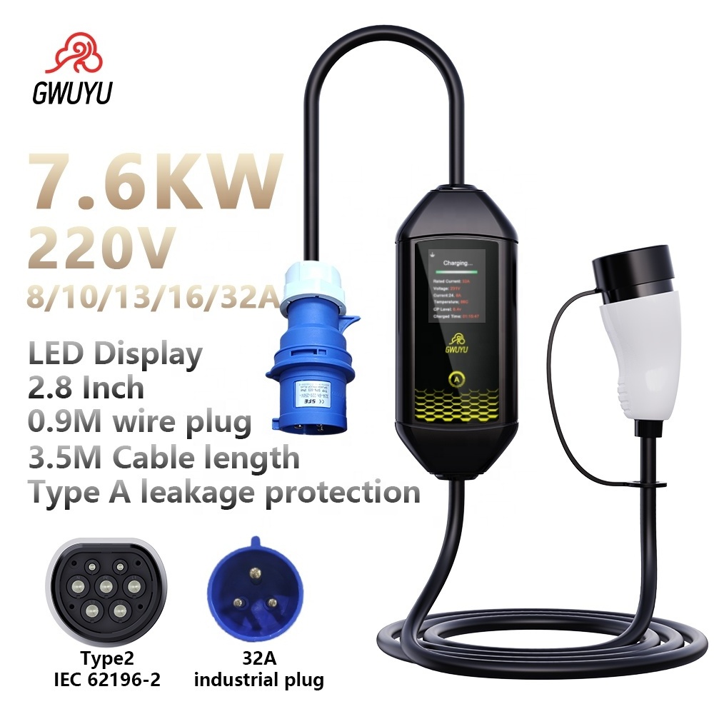 AC 3.7kW Type 2 Electric Car Fast Wholesale Popular 7kw 32a 2 mobile level 2 IP 65 10A 16A adjustable Portable EV Charger