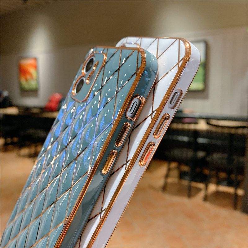 For iPhone 12 Case Electroplated Slim Soft Lambskin Elegant Classic Diamond Lattice Non-Slip Grip Protective Phone Cover Case