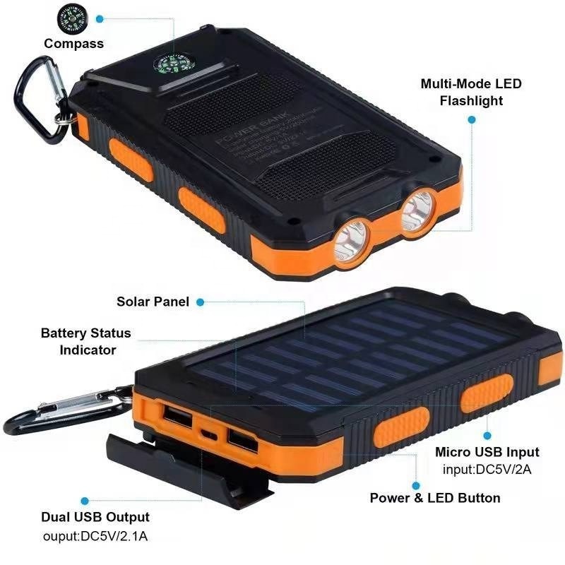 OEM ODM Portable Outdoor Waterproof 10000mAh Large Capacity Power Bank With LED Light Solar Panel Dual USB Solar Power Bank