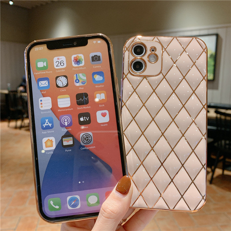 For iPhone 12 Case Electroplated Slim Soft Lambskin Elegant Classic Diamond Lattice Non-Slip Grip Protective Phone Cover Case