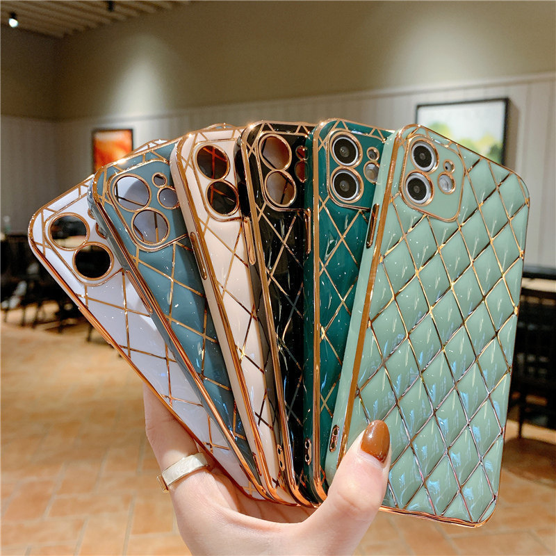 For iPhone 12 Case Electroplated Slim Soft Lambskin Elegant Classic Diamond Lattice Non-Slip Grip Protective Phone Cover Case