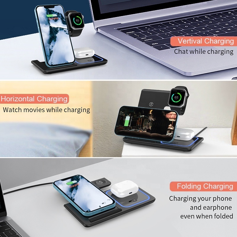 Multi Function Foldable Table Bedside Universal Support QI Fast Charging Stand Phone 3 in 1 Wireless Charger