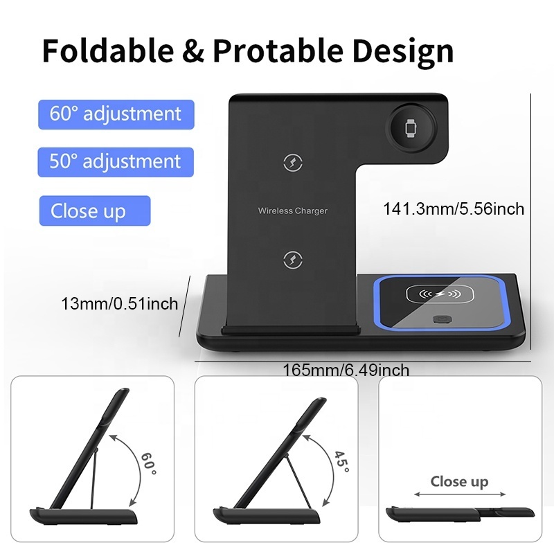 Multi Function Foldable Table Bedside Universal Support QI Fast Charging Stand Phone 3 in 1 Wireless Charger