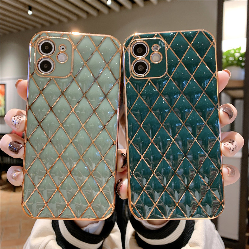 For iPhone 12 Case Electroplated Slim Soft Lambskin Elegant Classic Diamond Lattice Non-Slip Grip Protective Phone Cover Case