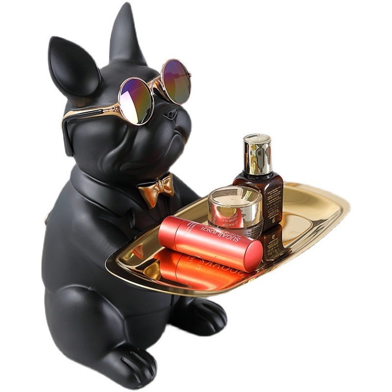 Z5 Hot Selling Resin crafts French Dog Statue with Tray Bulldog Sculpture Candy Key Storage Holder