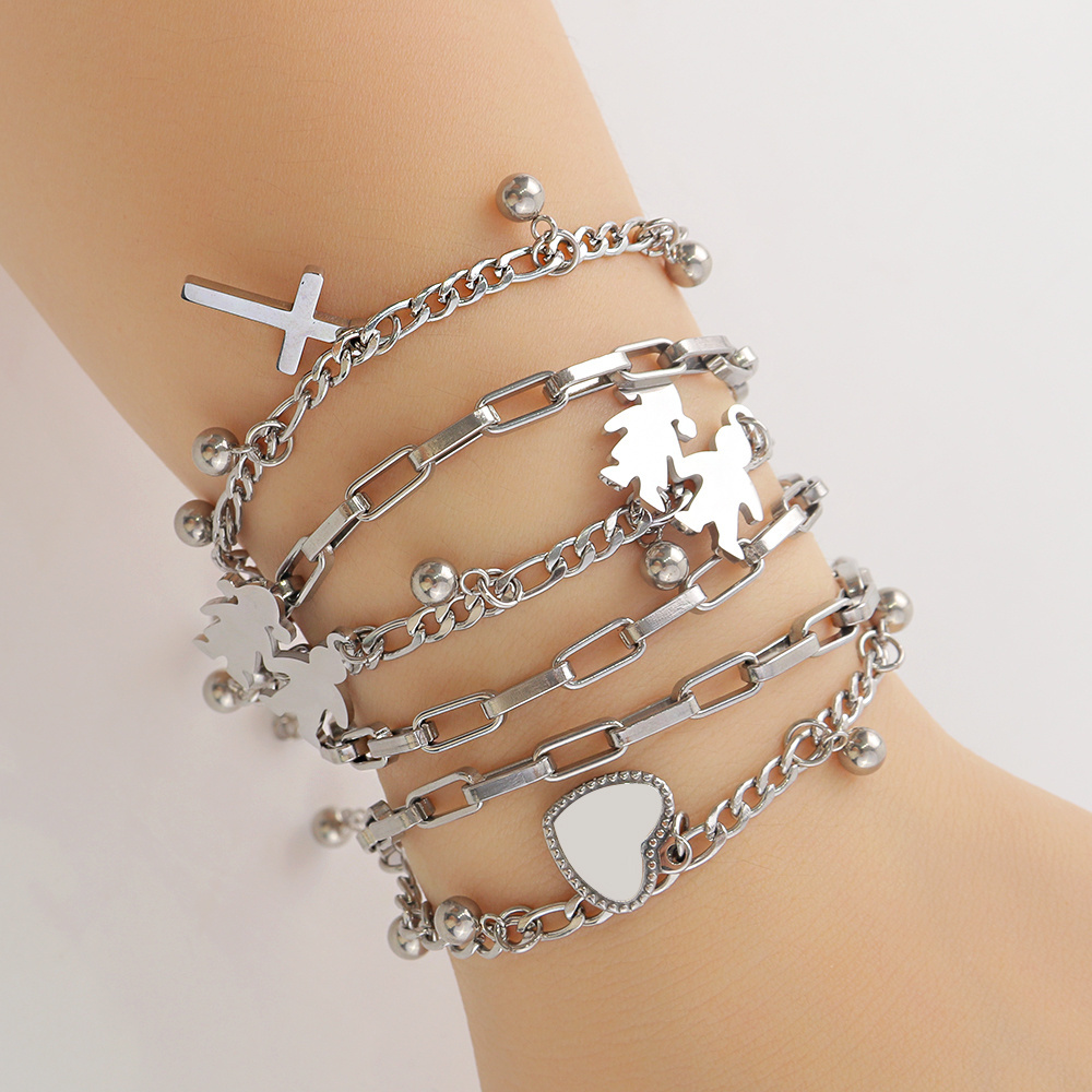 SL23016 Fashion Jewelry Bulk Layered Stainless Steel Pearl Heart Cross Life Tree Avatar Charm Chain Bracelet For Women