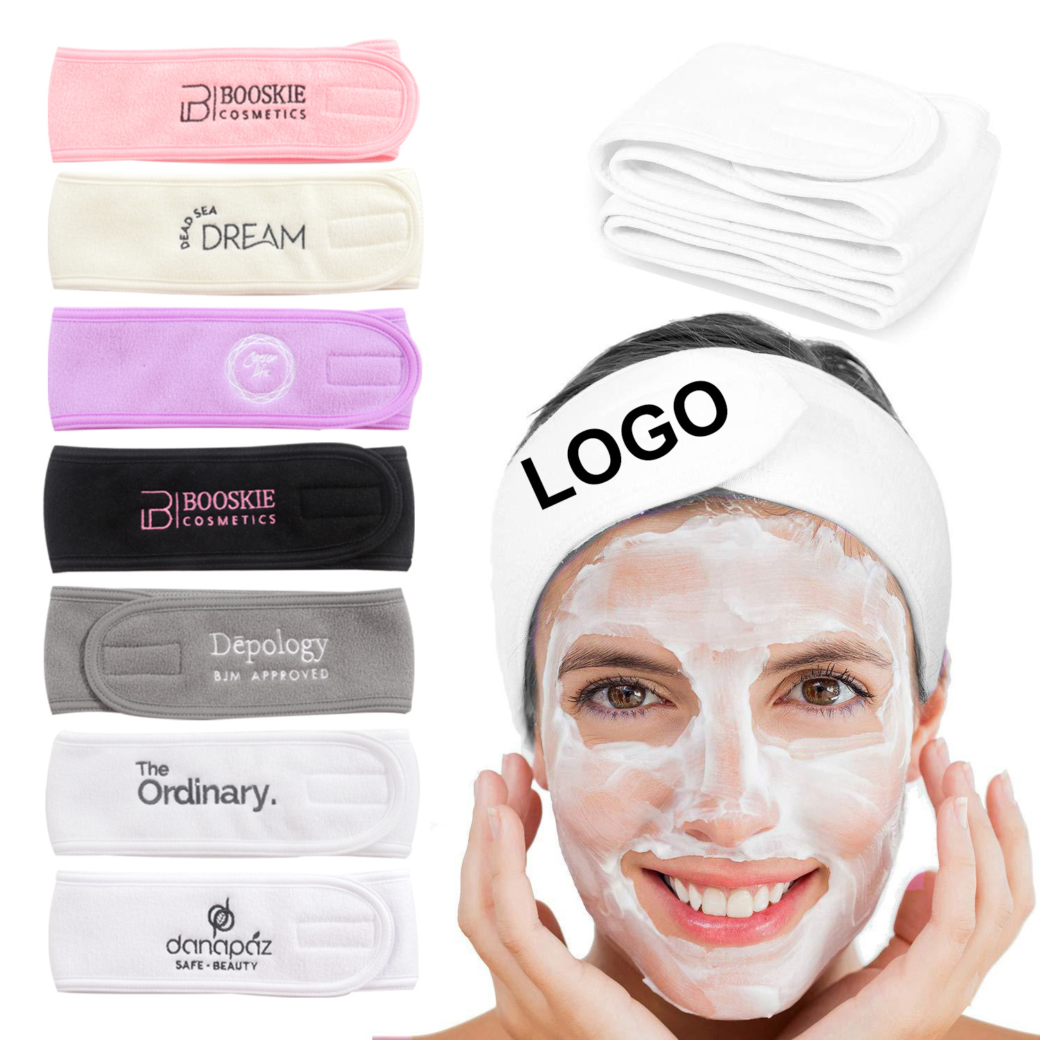 HB1214A Custom Skincare Make Up Hairband Cosmetic Embroidered  Facial Headband Cosmetic Spa Headband With Magic Tape