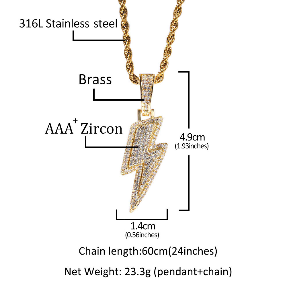 XL23085 Popular New Hiphop Zircon Lightning Brass Necklace Exquisite Gold Plated Rhinestone Twist Chain Copper Alloy Necklace