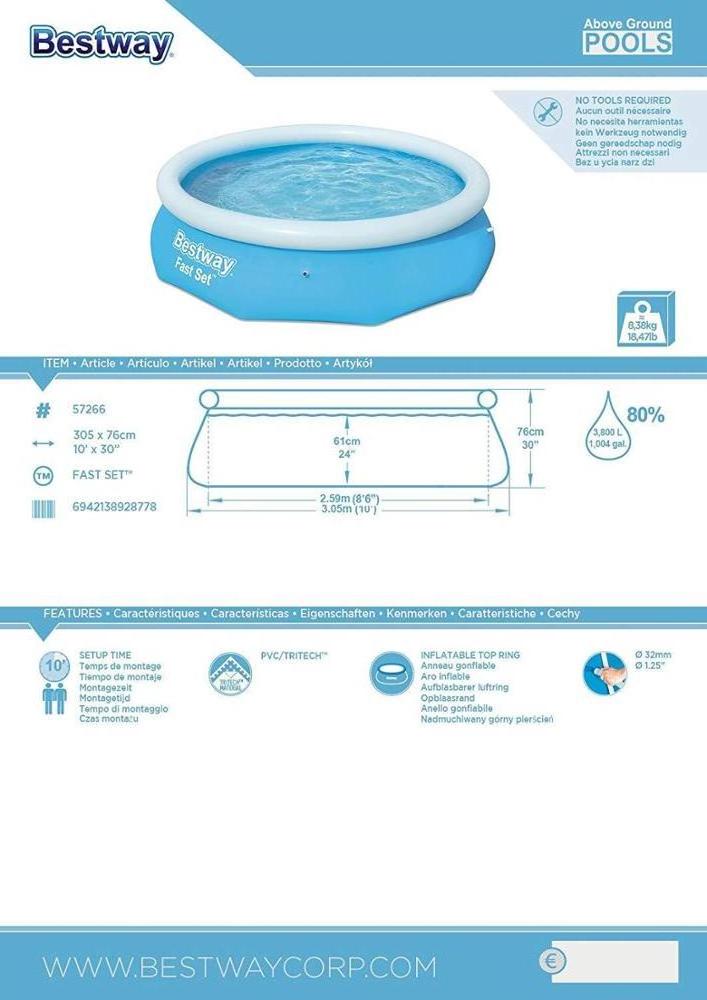 Bestway 57266 3.05m x 76cm Back garden Foldable and Portable blue fast set Above Ground Inflatable Ring Style swimming pool