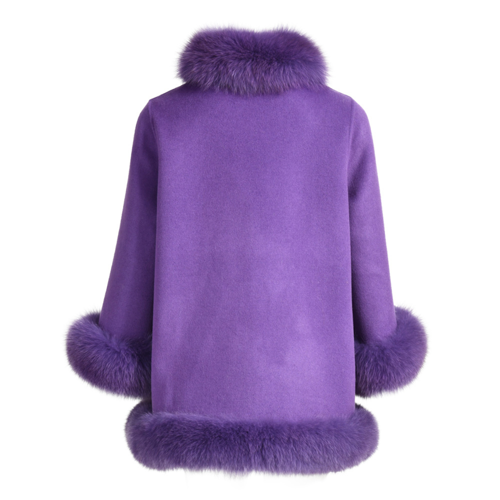 Wholesale Loose Size Cashmere Wool Coat Women Luxury Fox Fur Trim Winter Double Faced Wool Cape Cashmere Coat