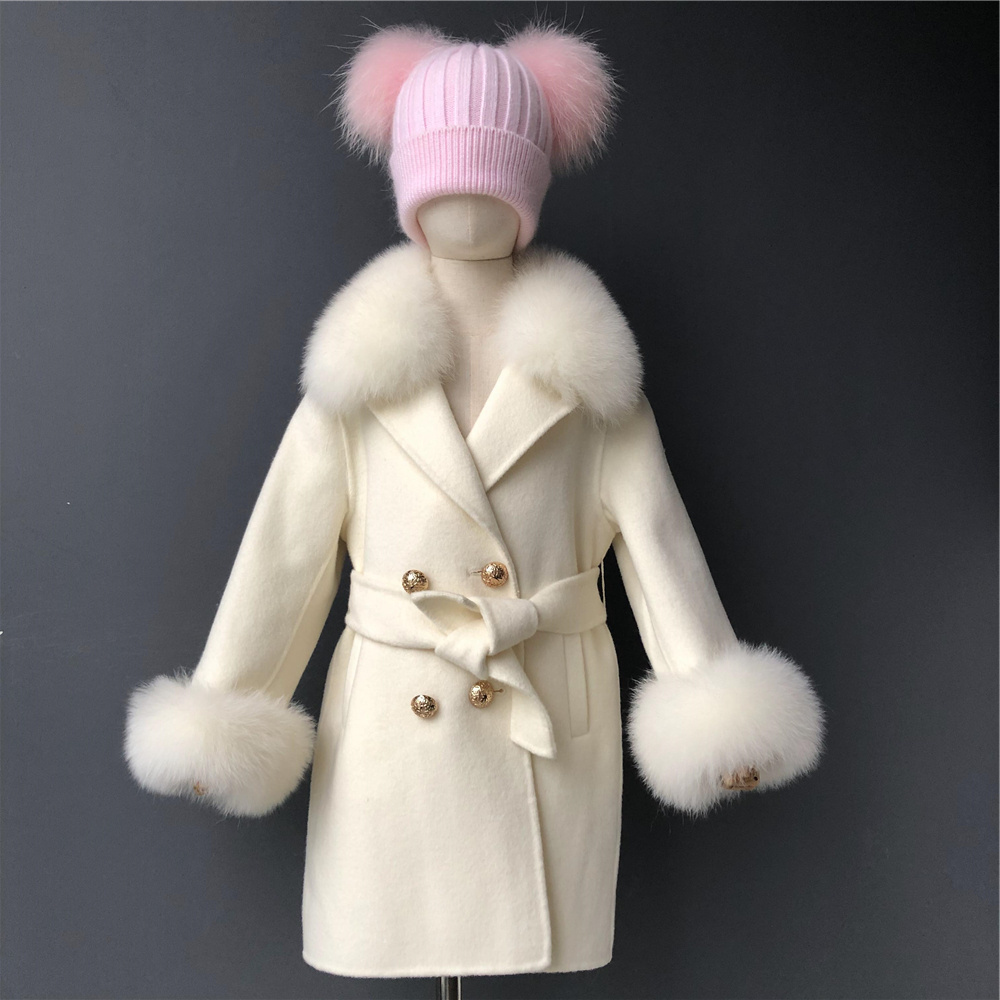 Hot Selling Mom and Me Wool Coat Real Fox Fur Collar Cashmere Children Coat Belt Long Cashmere Real Fur Coat