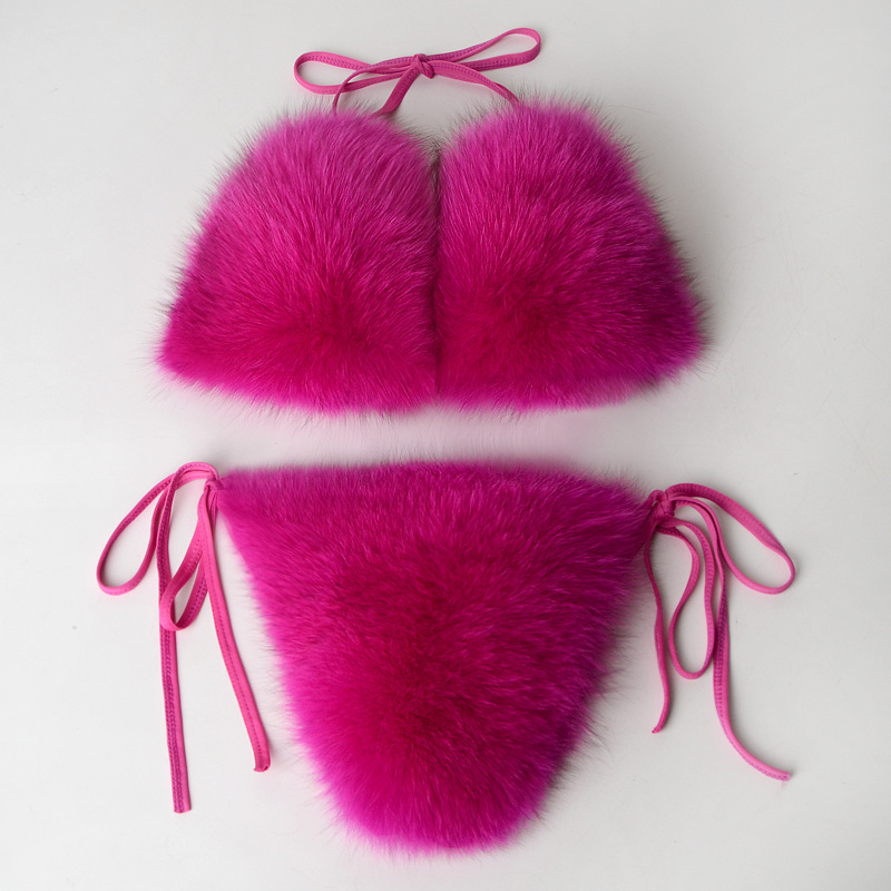 Hot Selling Sexy Girl Women Swim Suit Genuine Fluffy Fox Fur Bikini