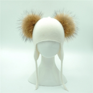 New Arrival Baby Hat Knitted Beanie With Two Real Raccoon Fur pompom Boy Girl Wool Crochet Baby Ear Flap Baby Winter Hat