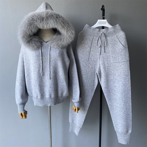 Autumn Luxury Real Fox Fur Collar Hooded Pullover Sweater Pants Two Pieces Set Soft Wholesale Custom Women Wool Sweater Knit Set