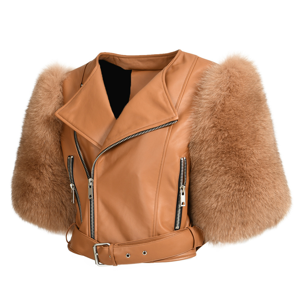 Real Leather Moto Jackets Leather Jacket with Fur Sleeves Women Leather Coat with Real Fur