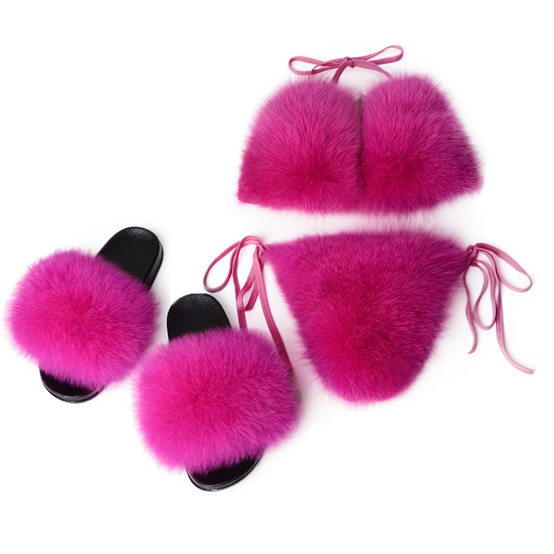 Hot Selling Sexy Girl Women Swim Suit Genuine Fluffy Fox Fur Bikini