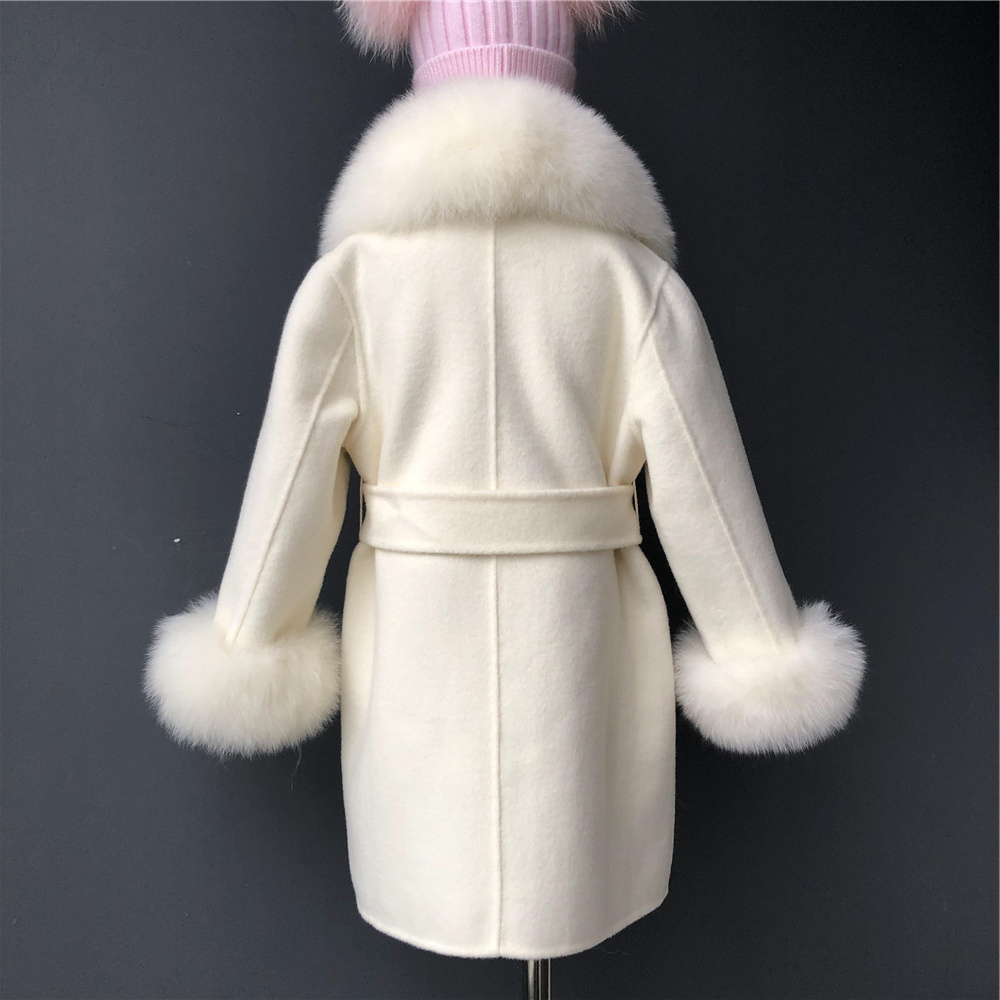 Hot Selling Mom and Me Wool Coat Real Fox Fur Collar Cashmere Children Coat Belt Long Cashmere Real Fur Coat