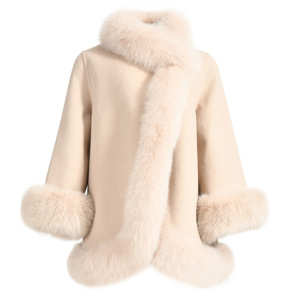 Wholesale Loose Size Cashmere Wool Coat Women Luxury Fox Fur Trim Winter Double Faced Wool Cape Cashmere Coat