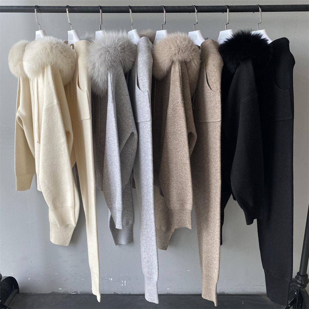 Autumn Luxury Real Fox Fur Collar Hooded Pullover Sweater Pants Two Pieces Set Soft Wholesale Custom Women Wool Sweater Knit Set