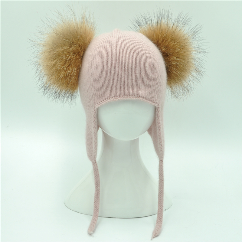 New Arrival Baby Hat Knitted Beanie With Two Real Raccoon Fur pompom Boy Girl Wool Crochet Baby Ear Flap Baby Winter Hat