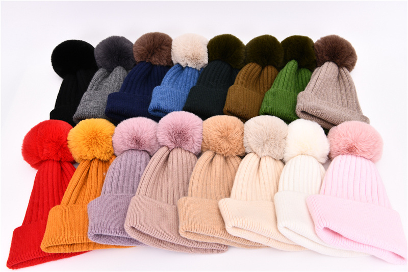 Custom Knitted Winter Beanie with Detachable Faux Rabbit Fur Pompom Wholesale Christmas Beanie Cashmere Wool Knit Pom Hat