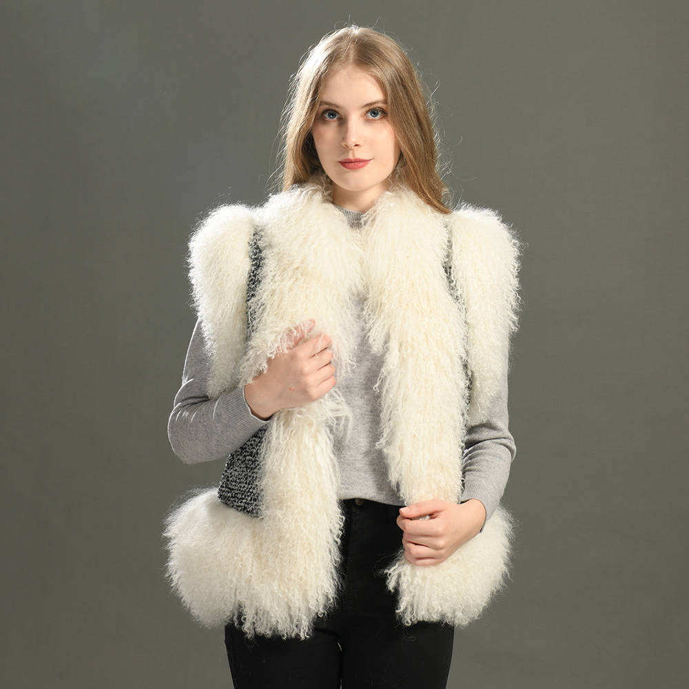 2024 New Design Woolen Fabric Waistcoat with Fashion Mongolian Lamb Fur Custom Ladies Fur Gilet 100% Sheep Wool Vest for Women