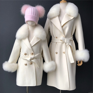 Hot Selling Mom and Me Wool Coat Real Fox Fur Collar Cashmere Children Coat Belt Long Cashmere Real Fur Coat