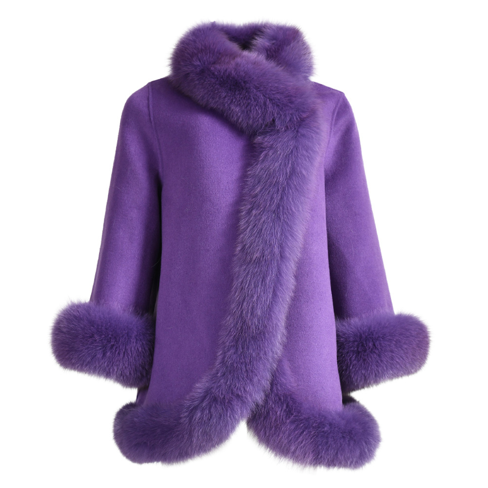 Wholesale Loose Size Cashmere Wool Coat Women Luxury Fox Fur Trim Winter Double Faced Wool Cape Cashmere Coat