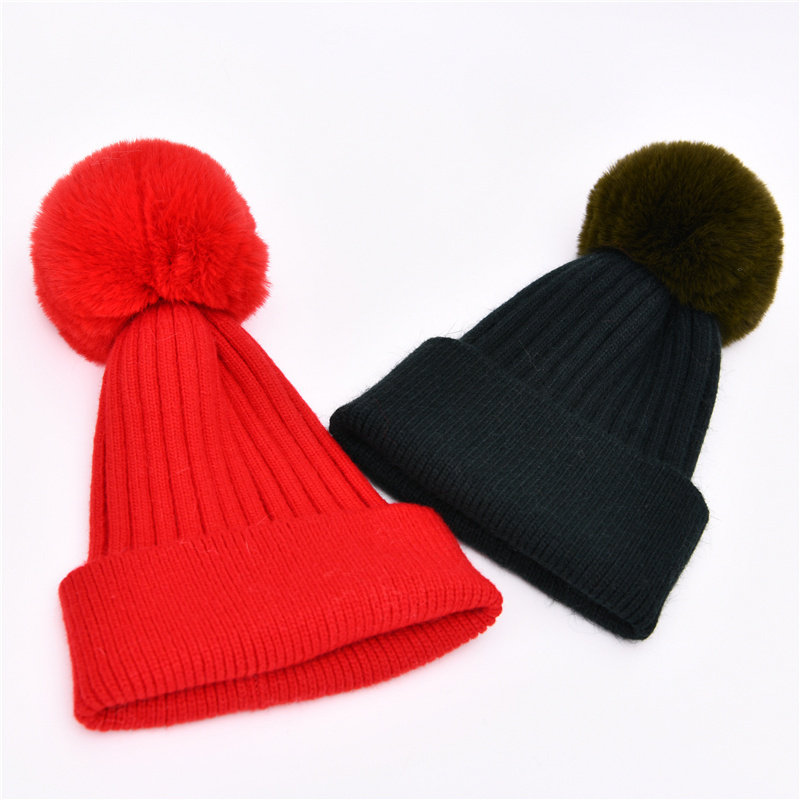 Custom Knitted Winter Beanie with Detachable Faux Rabbit Fur Pompom Wholesale Christmas Beanie Cashmere Wool Knit Pom Hat