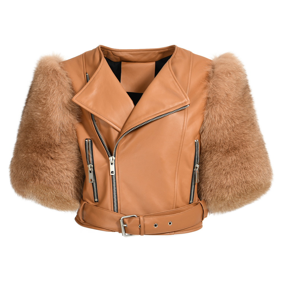 Real Leather Moto Jackets Leather Jacket with Fur Sleeves Women Leather Coat with Real Fur