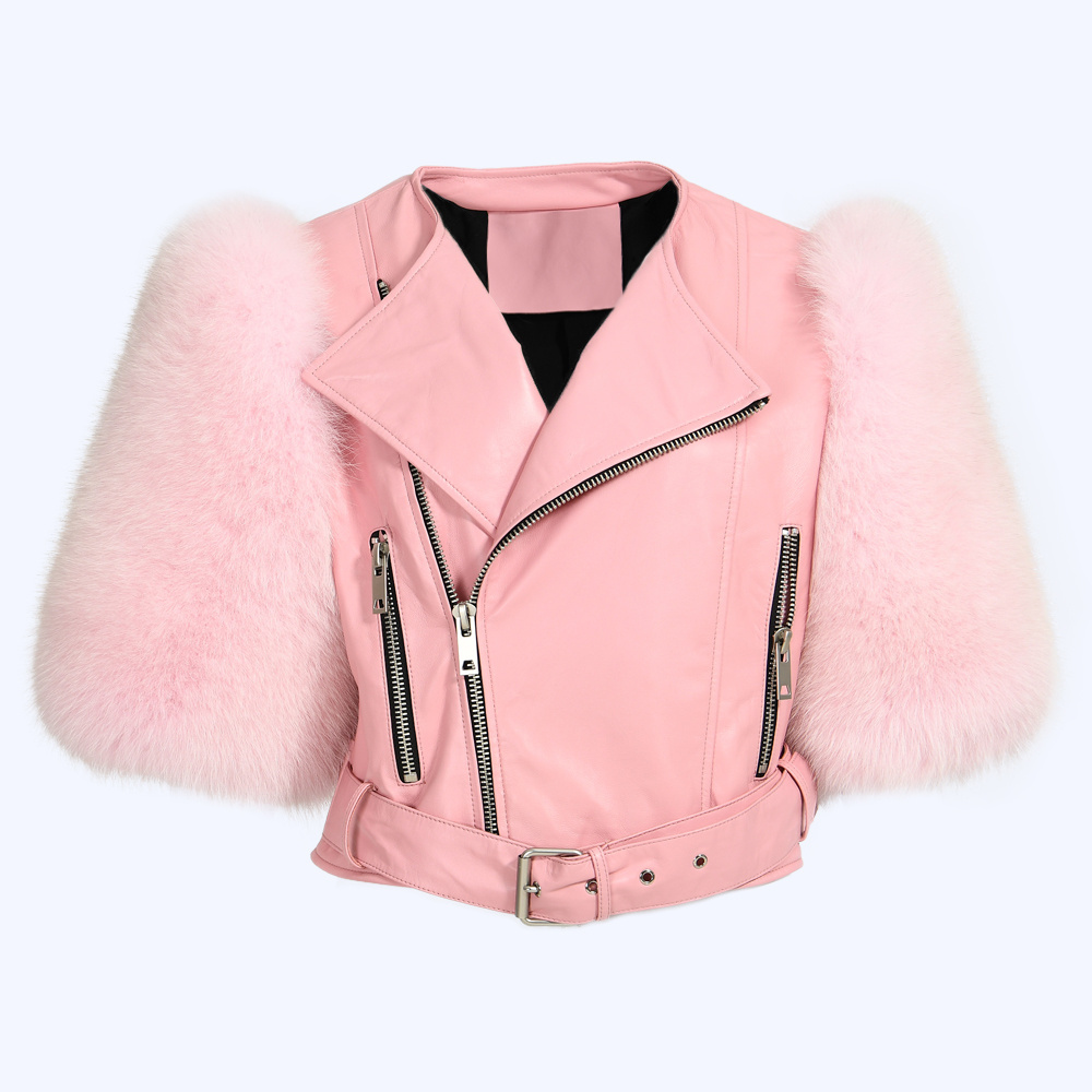 Real Leather Moto Jackets Leather Jacket with Fur Sleeves Women Leather Coat with Real Fur