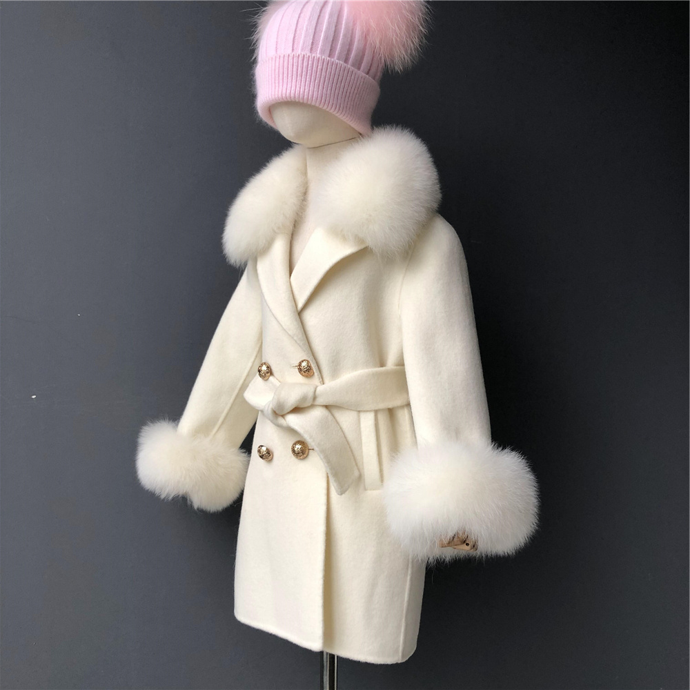 Hot Selling Mom and Me Wool Coat Real Fox Fur Collar Cashmere Children Coat Belt Long Cashmere Real Fur Coat