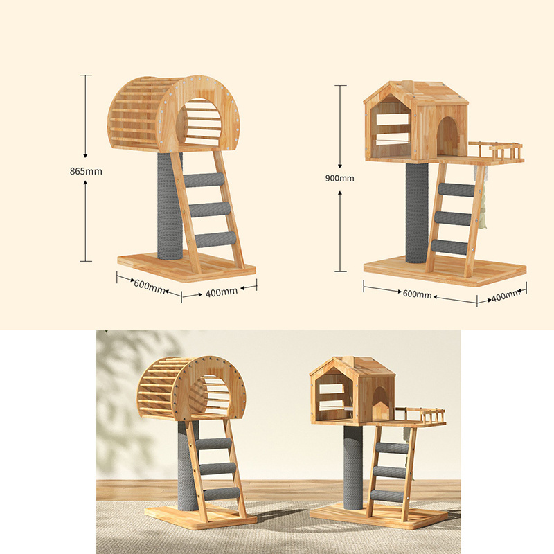 Cat condo wood cat tree scratcher large cute luxury cheap cat tower with Large space hammock