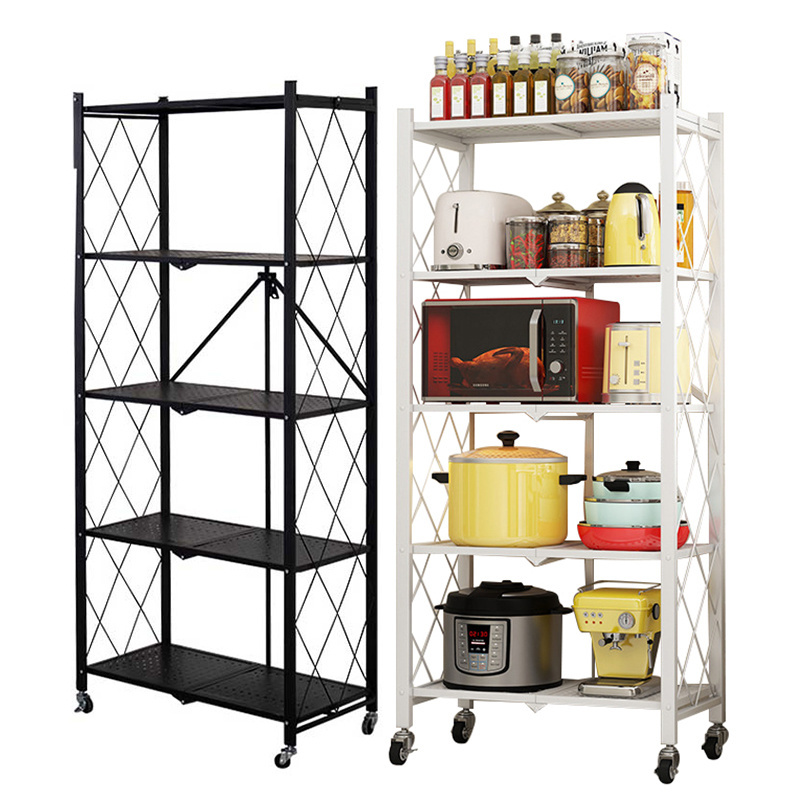 Collapsible Wire Shelving with Wheels Foldable Metal Shelves for Kitchen/Living Room/Bathroom