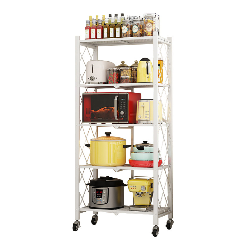 3,4,5 Tiers Foldable Kitchen Steel Storage Shelf Rack, No Assembly Folding Storage Rack Shelving on Wheels