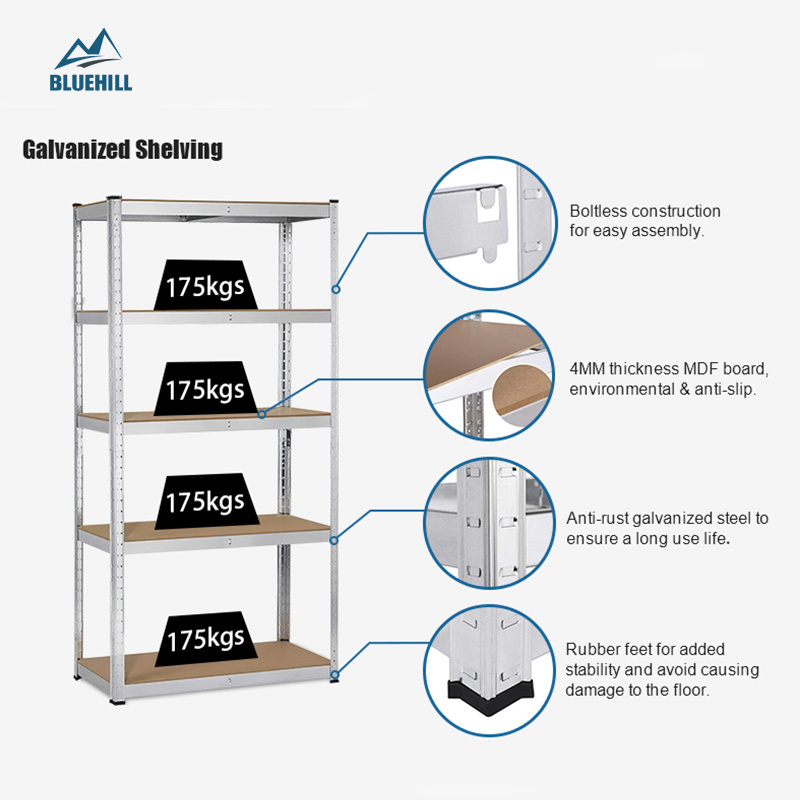 Wholesale 5 level light duty metal shelf silver black red brown boltless angle steel warehouse storage rack with mdf board