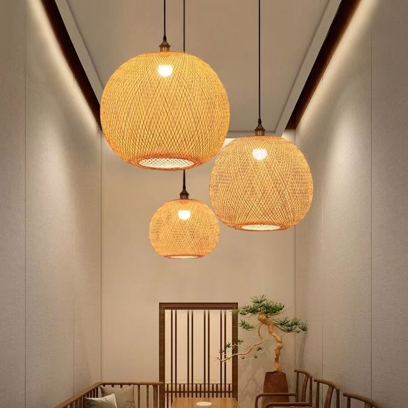 Wholesale basket round bamboo pendant light rattan chandelier bamboo small lamp shade lighting Woven led Decor Light Fixture