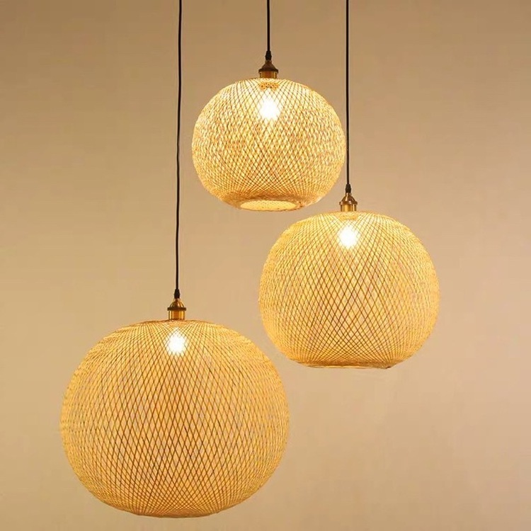 Wholesale basket round bamboo pendant light rattan chandelier bamboo small lamp shade lighting Woven led Decor Light Fixture